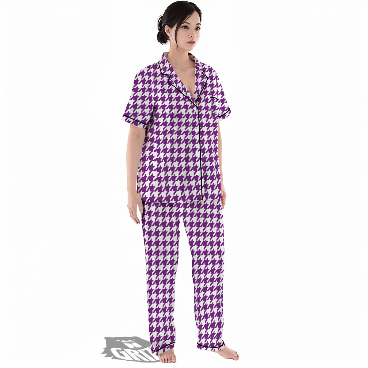Houndstooth White And Purple Print Women's Pajamas Set-grizzshop