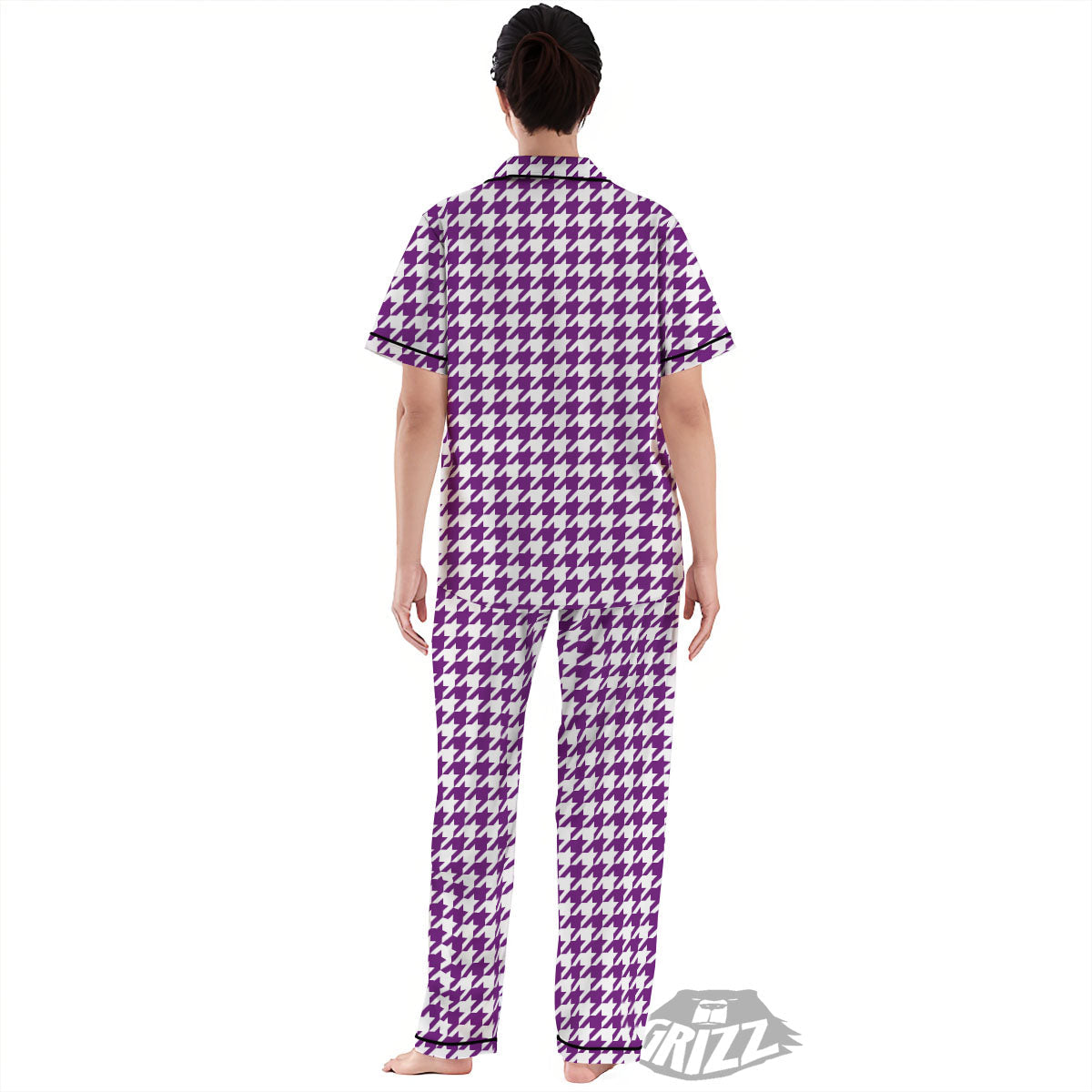Houndstooth White And Purple Print Women's Pajamas Set-grizzshop