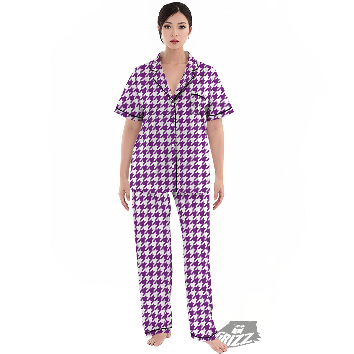 Houndstooth White And Purple Print Women's Pajamas Set-grizzshop