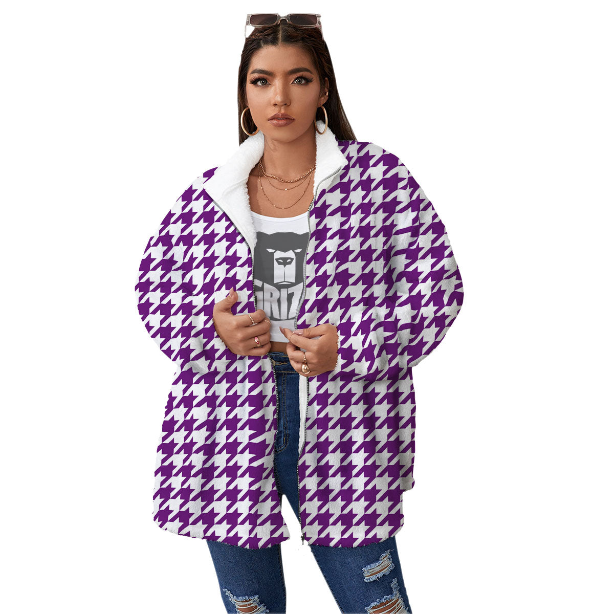 Houndstooth White And Purple Print Women's Sherpa Jacket-grizzshop