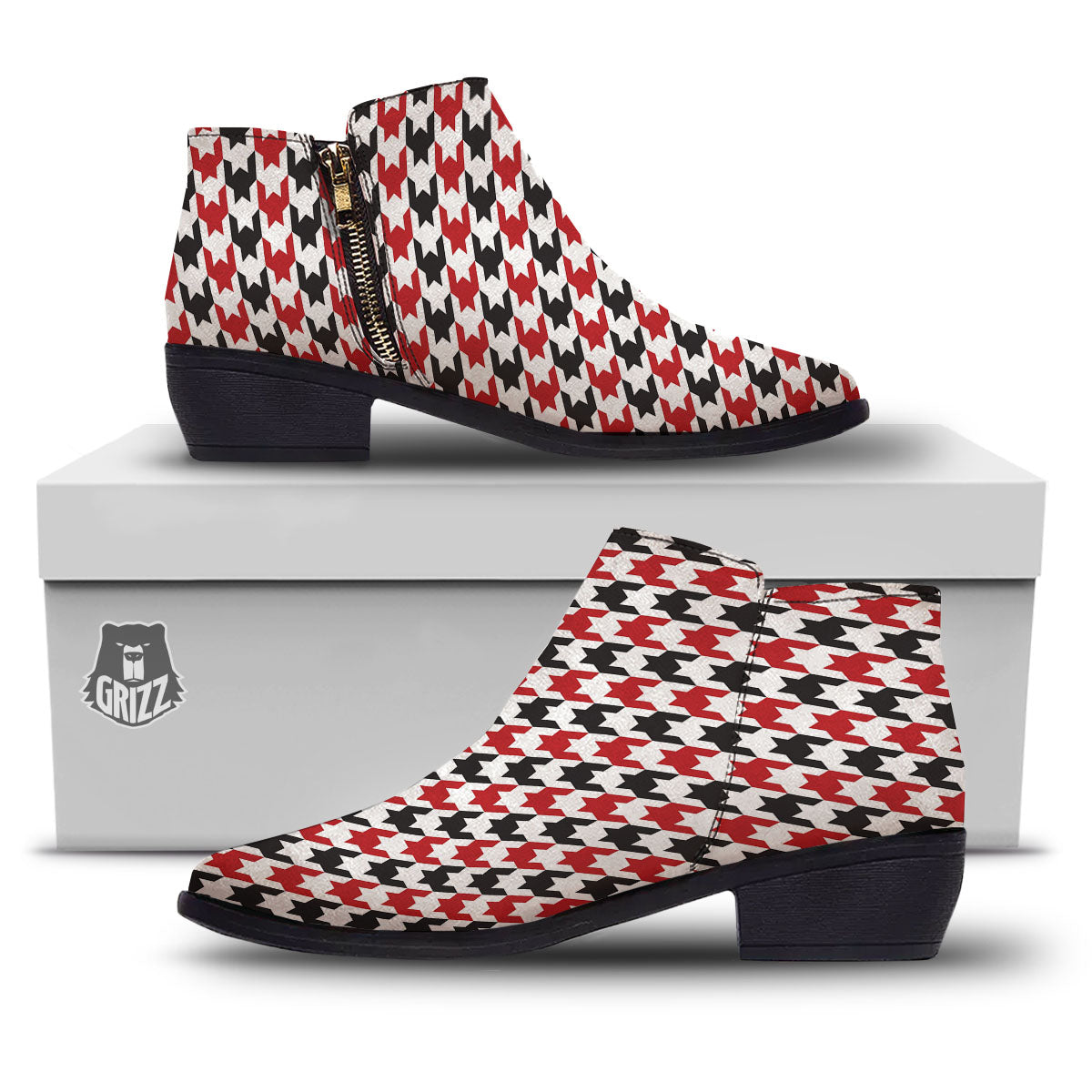 Houndstooth White And Red Print Pattern Ankle Boots-grizzshop