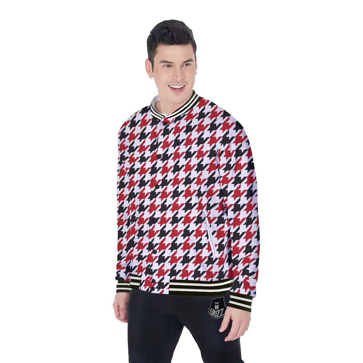 Houndstooth White And Red Print Pattern Baseball Jacket-grizzshop