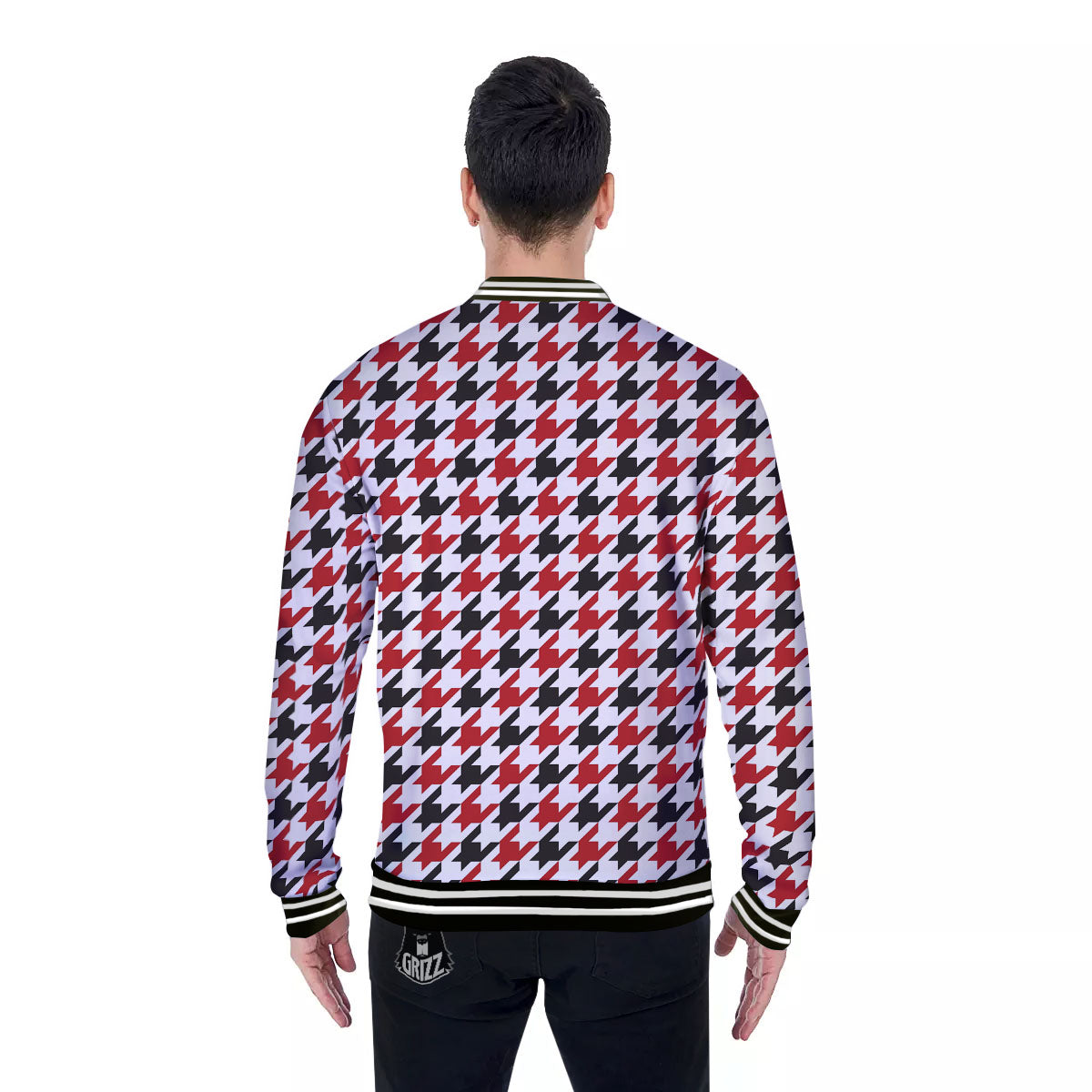 Houndstooth White And Red Print Pattern Baseball Jacket-grizzshop
