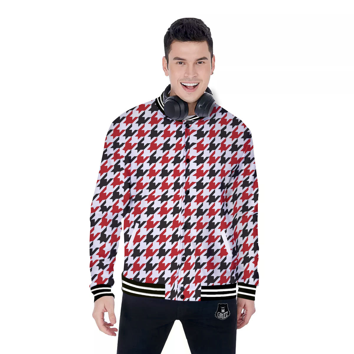 Houndstooth White And Red Print Pattern Baseball Jacket-grizzshop