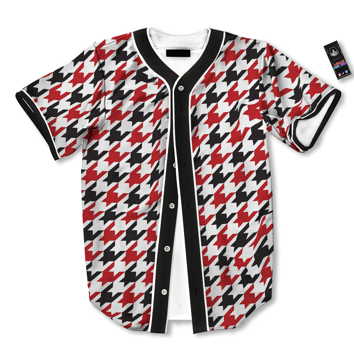 Houndstooth White And Red Print Pattern Baseball Jersey-grizzshop