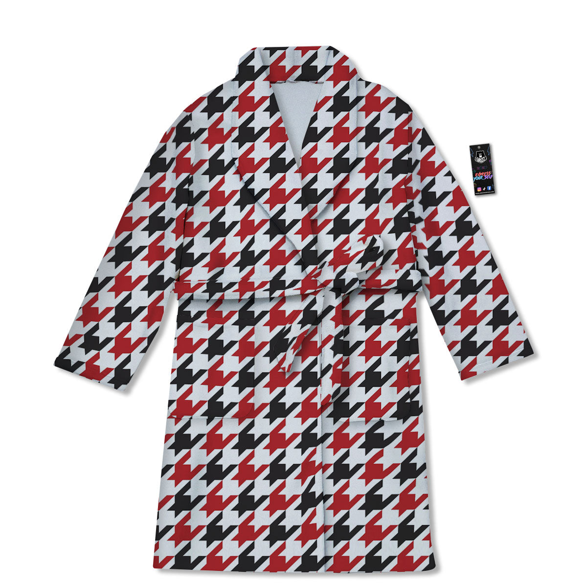 Houndstooth White And Red Print Pattern Bathrobe-grizzshop