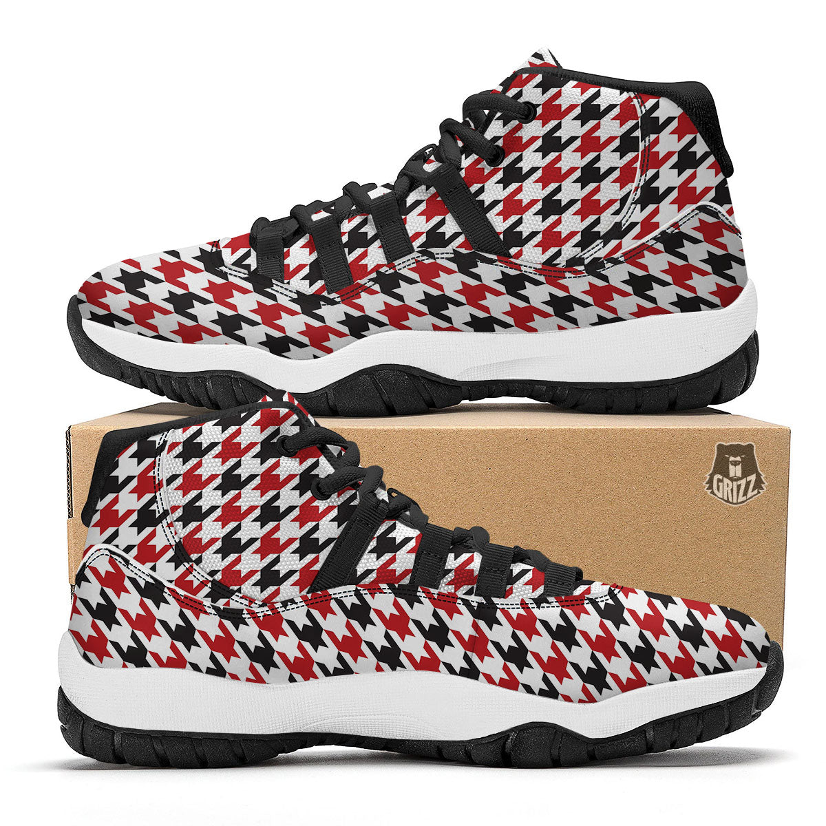 Houndstooth White And Red Print Pattern Black Bball Shoes-grizzshop