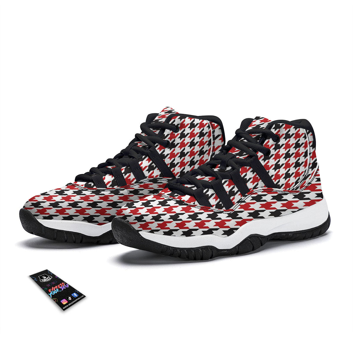 Houndstooth White And Red Print Pattern Black Bball Shoes-grizzshop