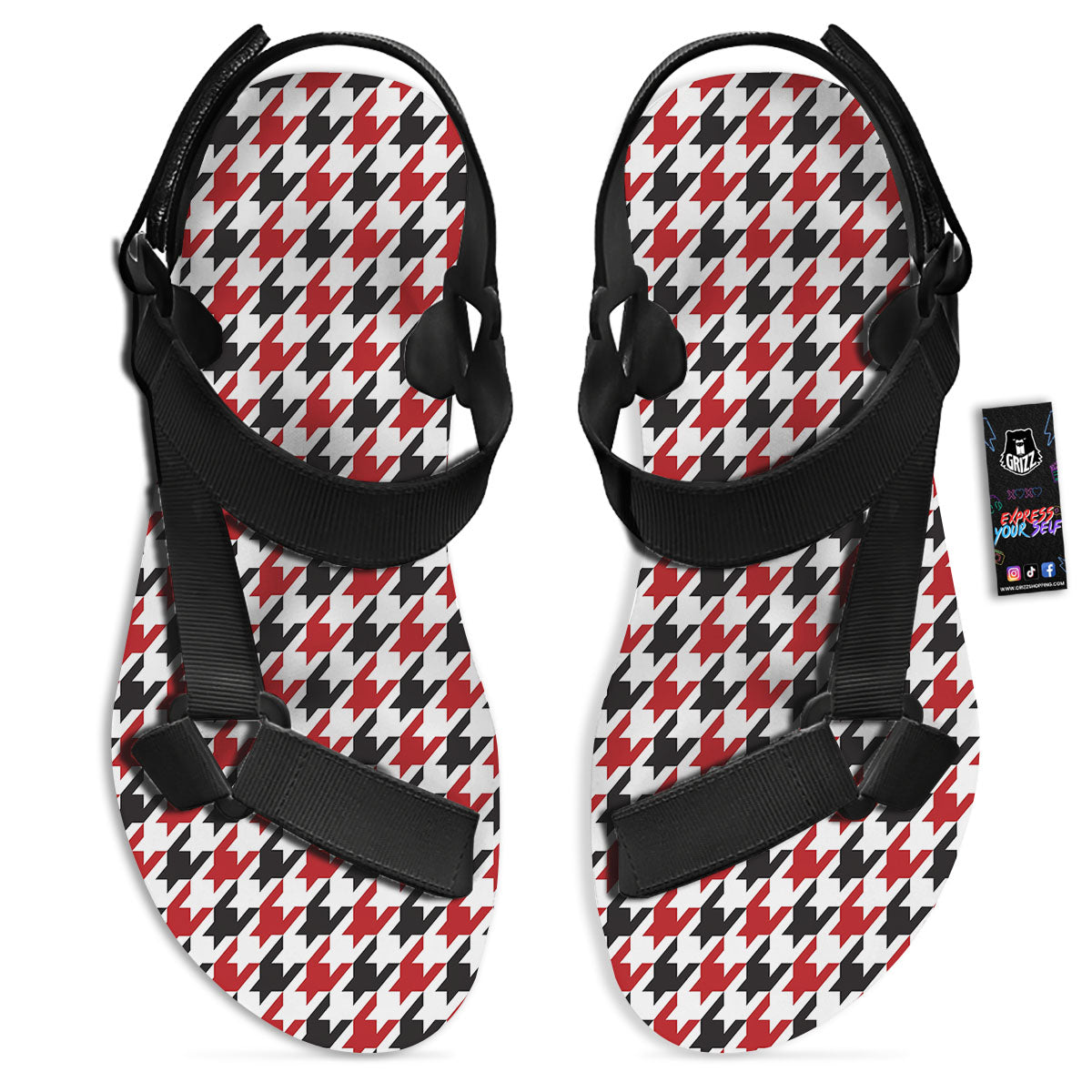 Houndstooth White And Red Print Pattern Black Open Toe Sandals-grizzshop