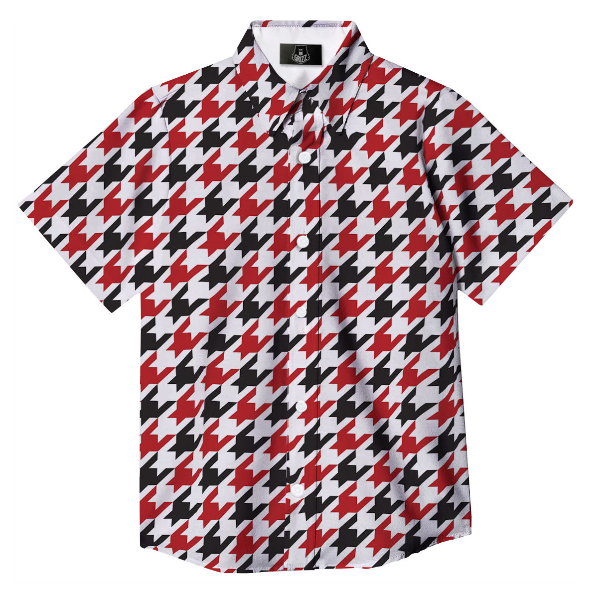 Houndstooth White And Red Print Pattern Button Up Shirt-grizzshop