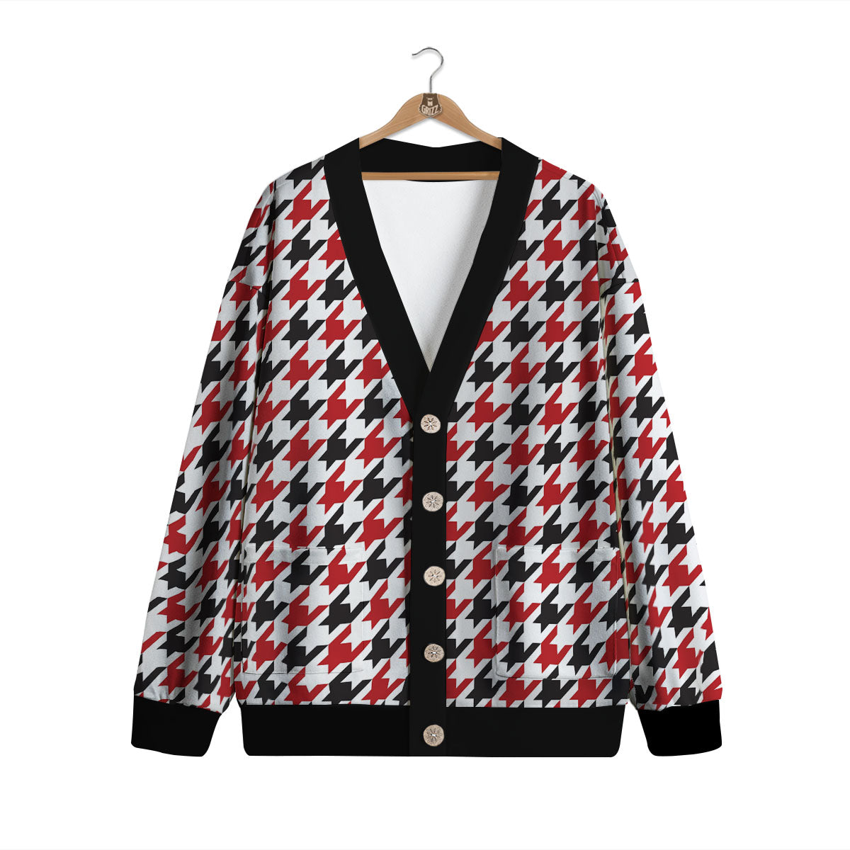 Houndstooth White And Red Print Pattern Cardigan-grizzshop