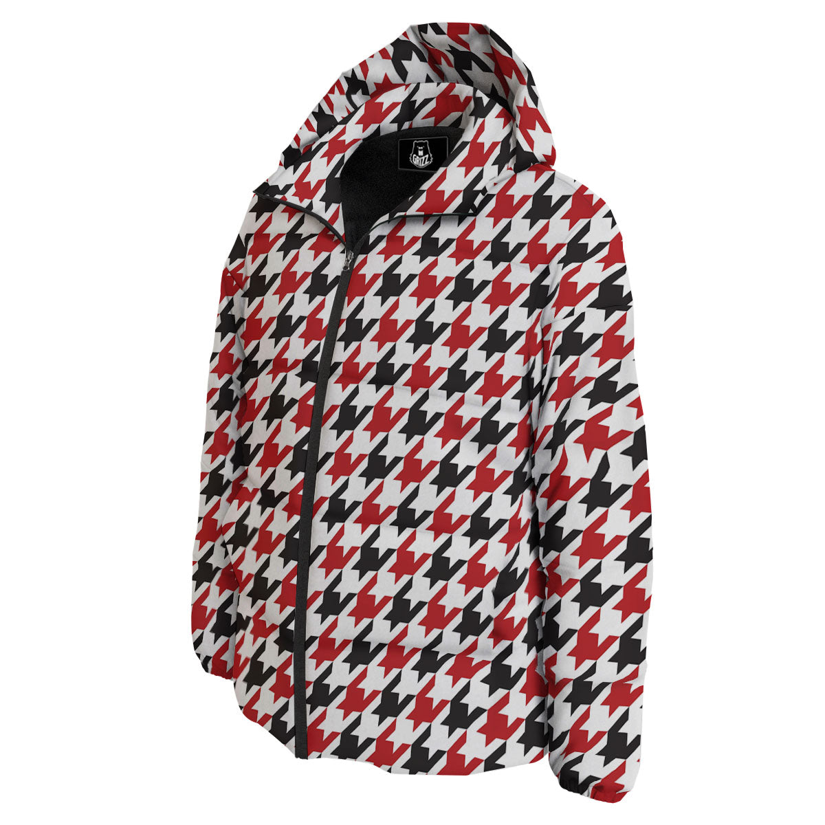 Houndstooth White And Red Print Pattern Down Jacket-grizzshop