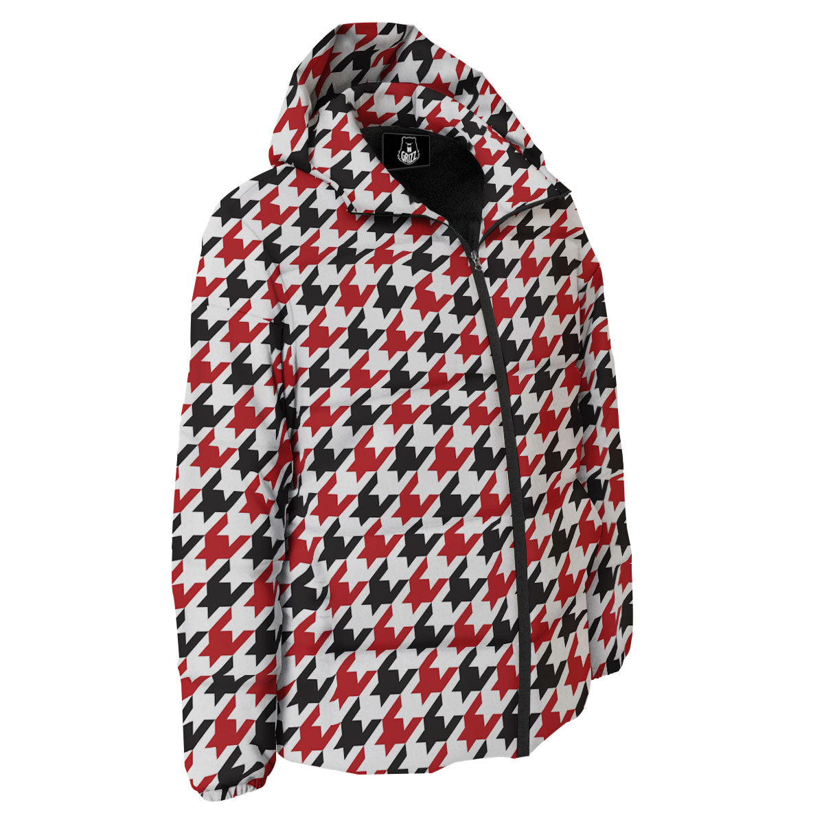 Houndstooth White And Red Print Pattern Down Jacket-grizzshop