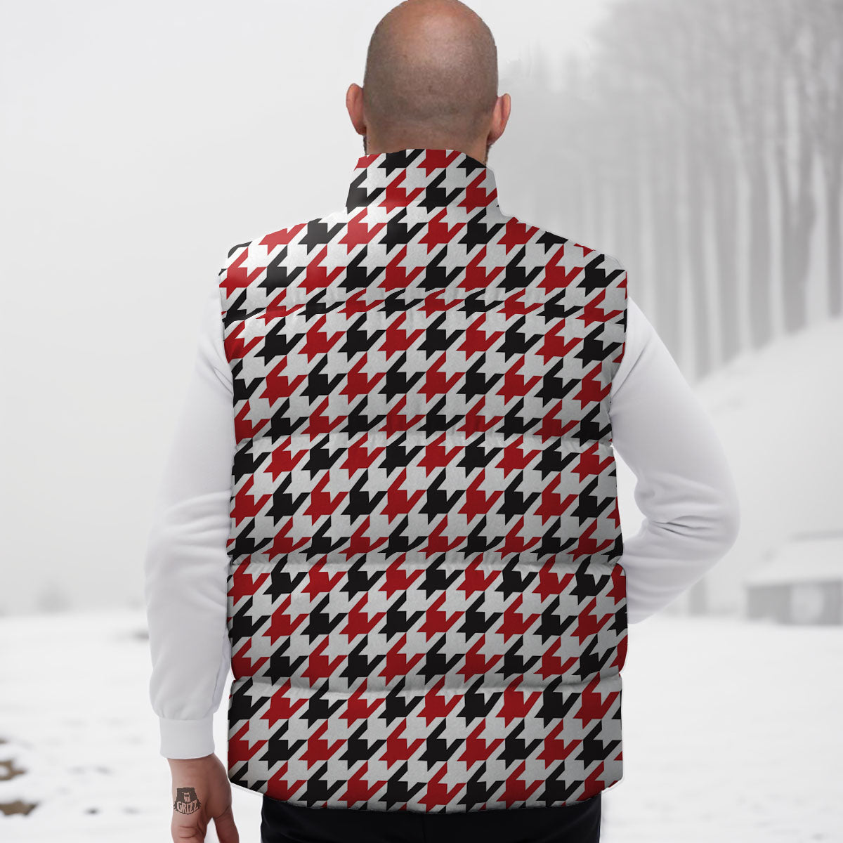 Houndstooth White And Red Print Pattern Down Vest