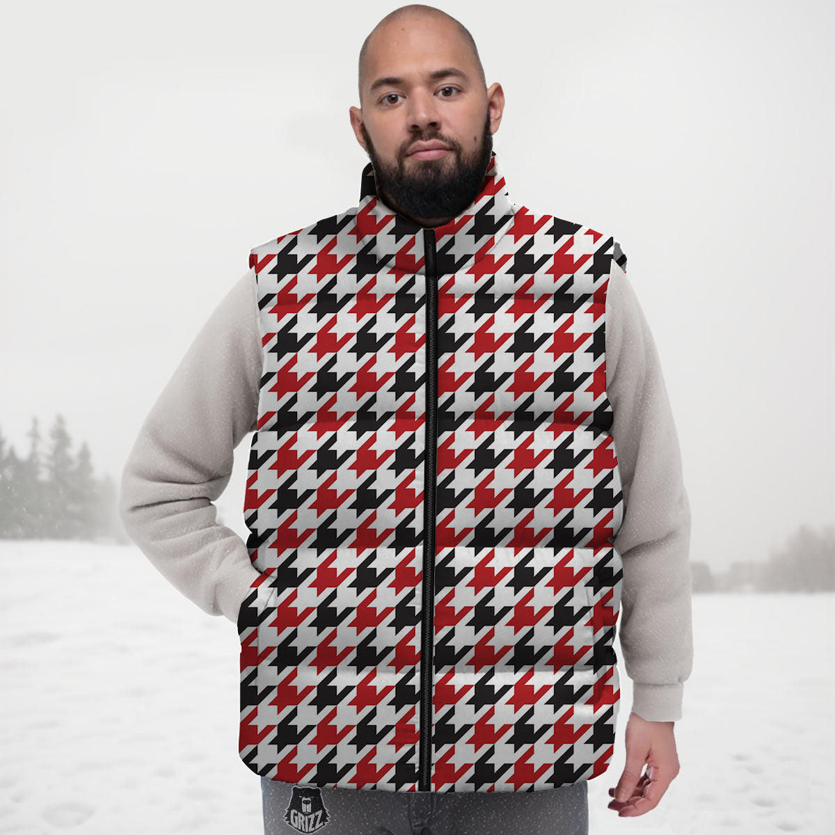 Houndstooth White And Red Print Pattern Down Vest