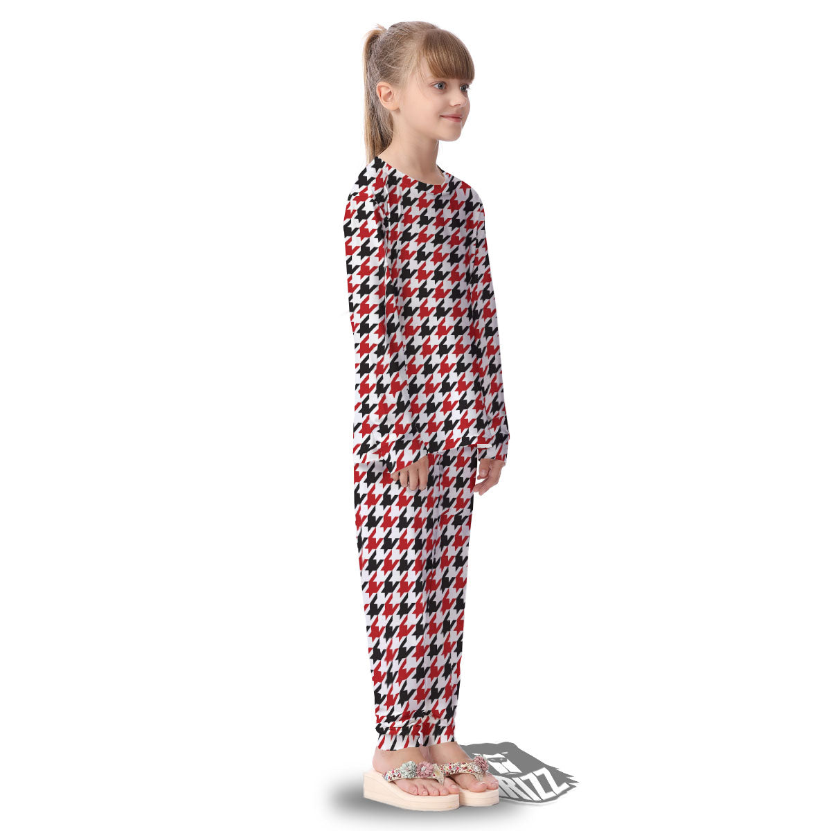Houndstooth White And Red Print Pattern Kid's Pajamas-grizzshop