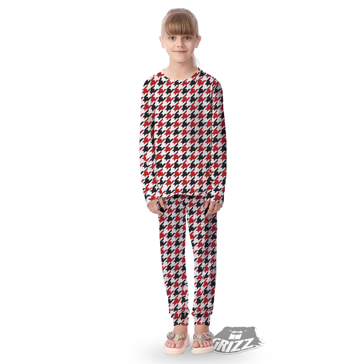 Houndstooth White And Red Print Pattern Kid's Pajamas-grizzshop
