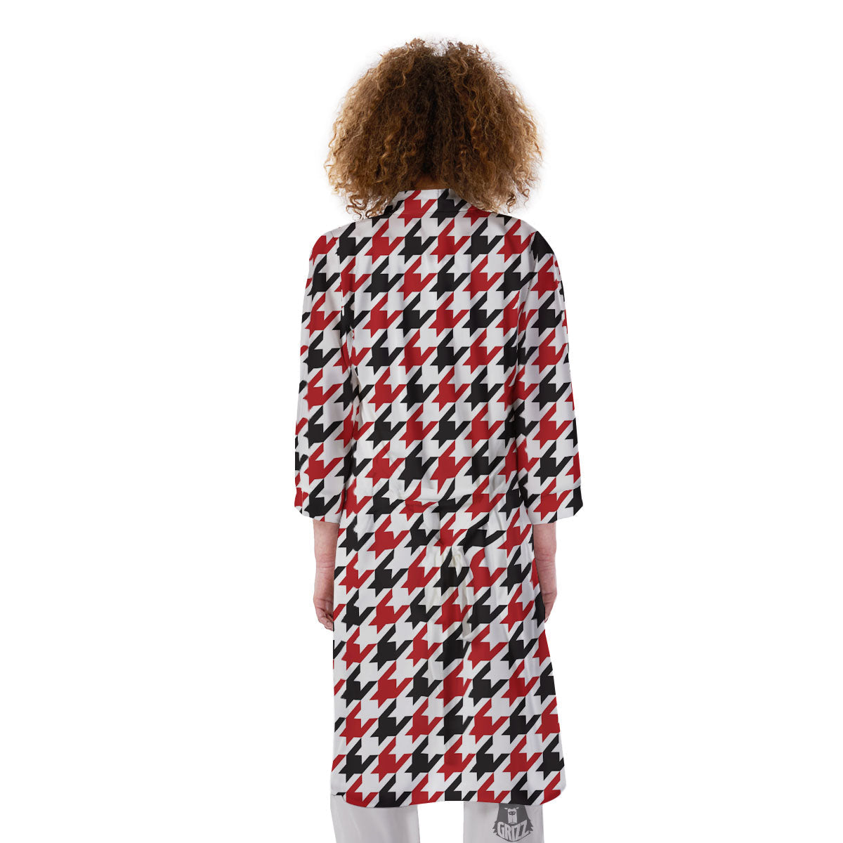 Houndstooth White And Red Print Pattern Kimono-grizzshop