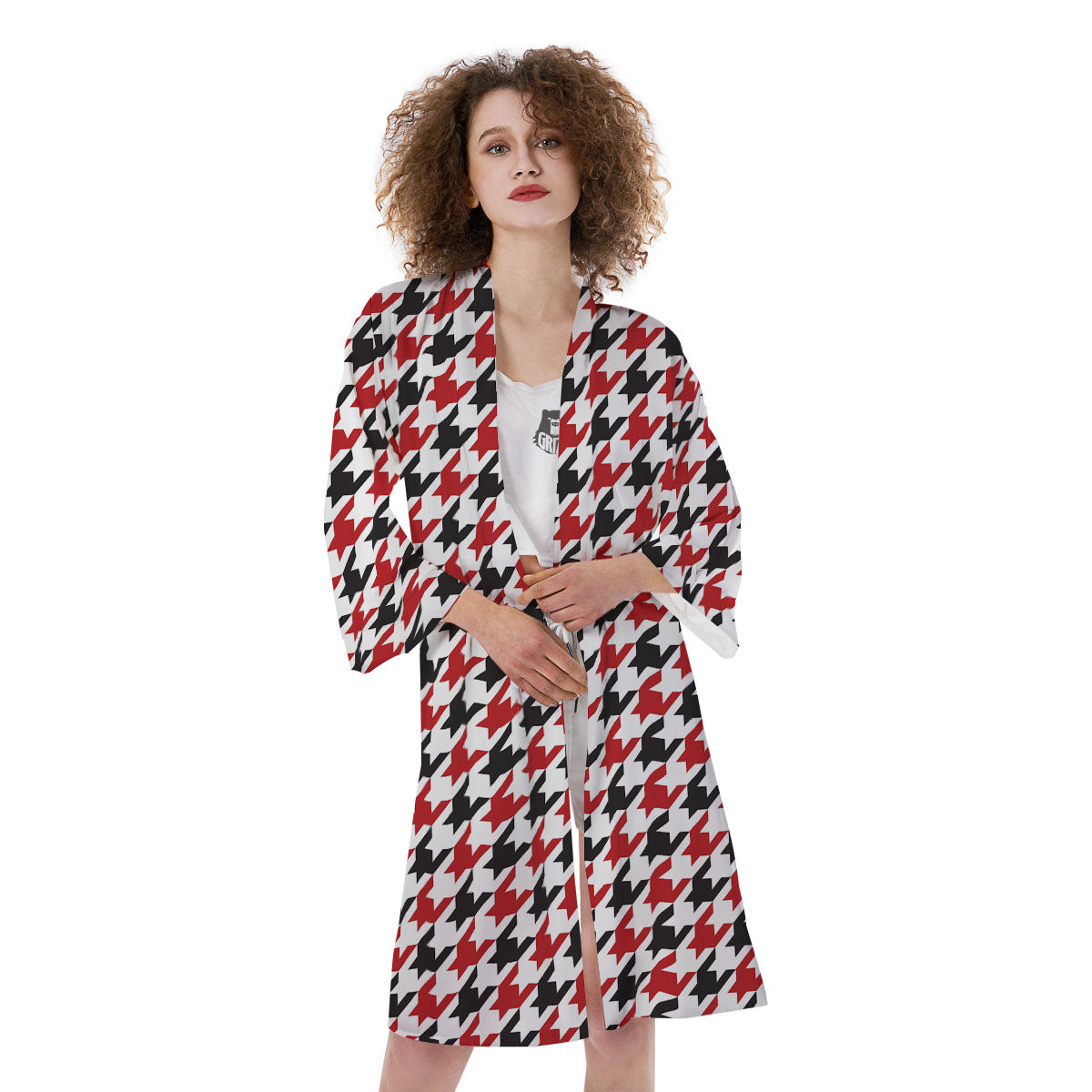 Houndstooth White And Red Print Pattern Kimono-grizzshop