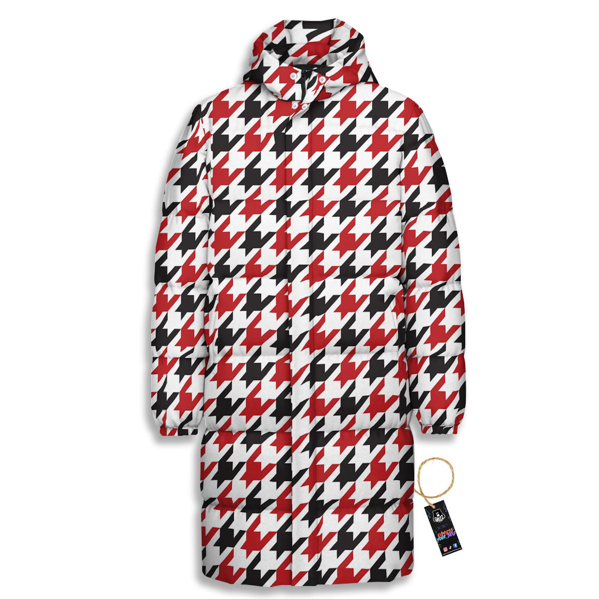 Houndstooth White And Red Print Pattern Long Down Jacket-grizzshop