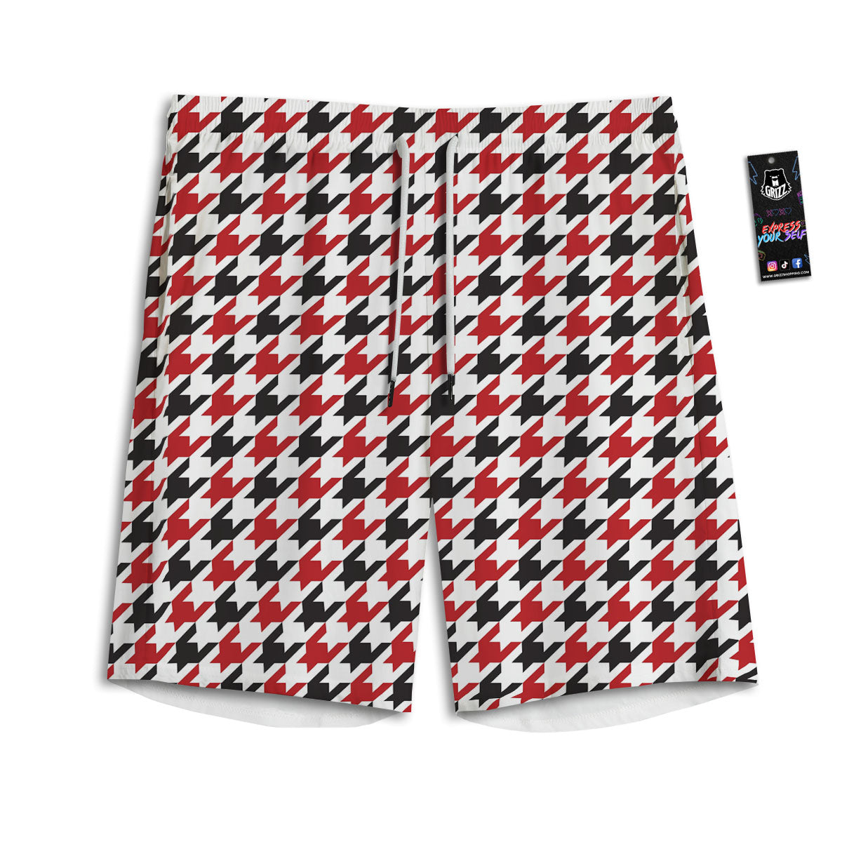 Houndstooth White And Red Print Pattern Men's Athletic Shorts