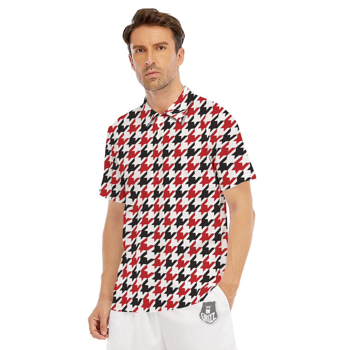 Houndstooth White And Red Print Pattern Men's Golf Shirts-grizzshop
