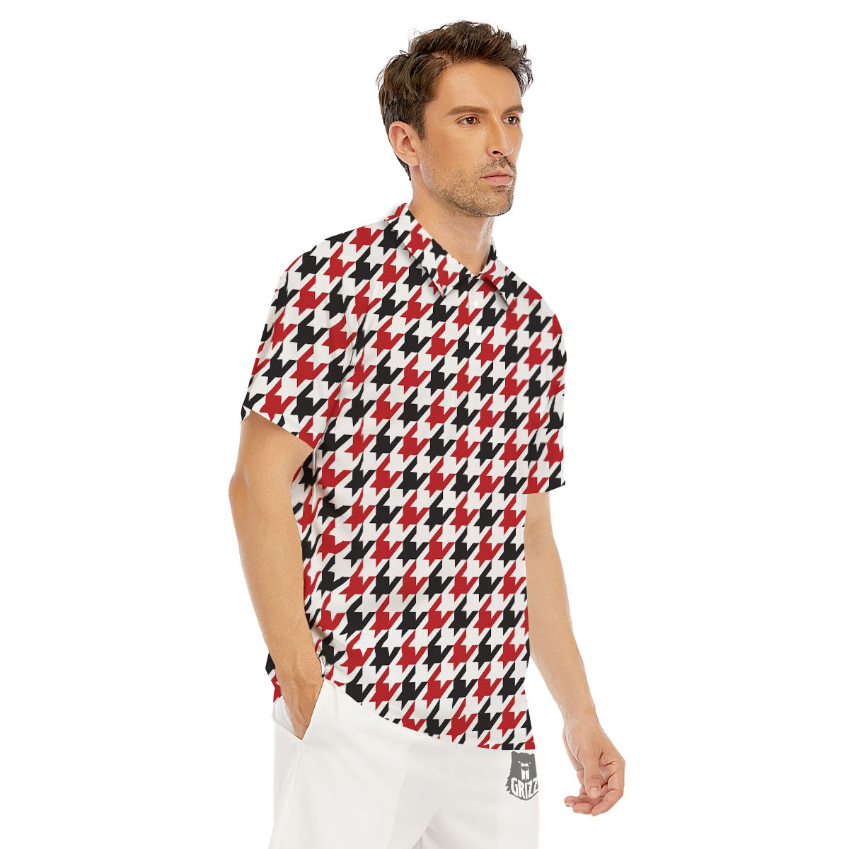 Houndstooth White And Red Print Pattern Men's Golf Shirts-grizzshop