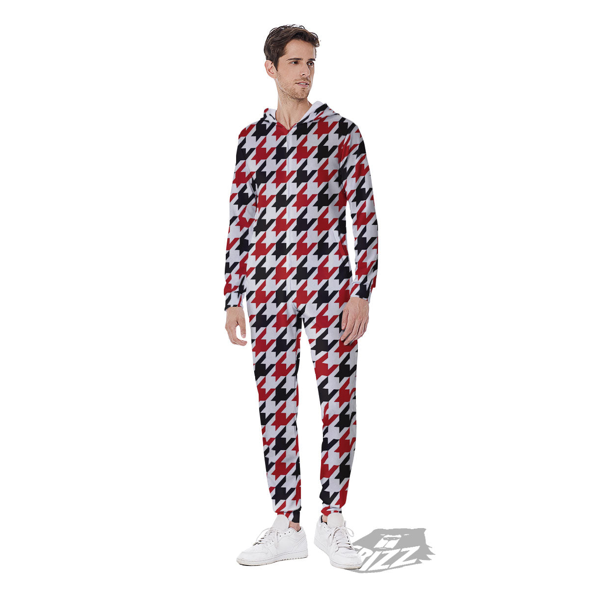 Houndstooth White And Red Print Pattern Men's Jumpsuit-grizzshop