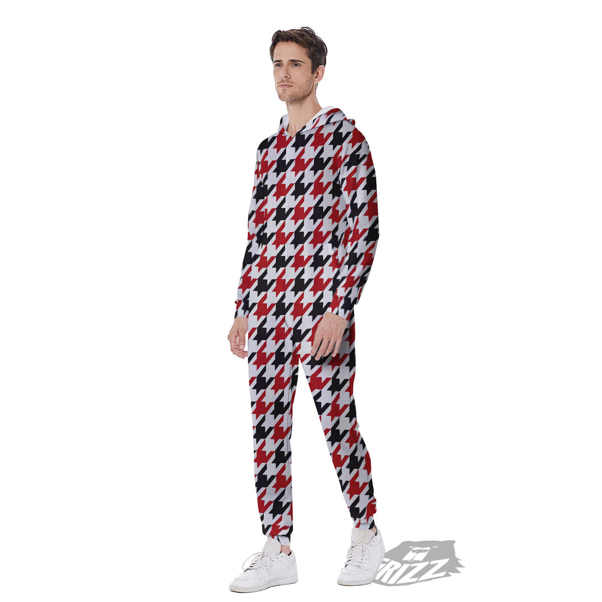 Houndstooth White And Red Print Pattern Men's Jumpsuit-grizzshop