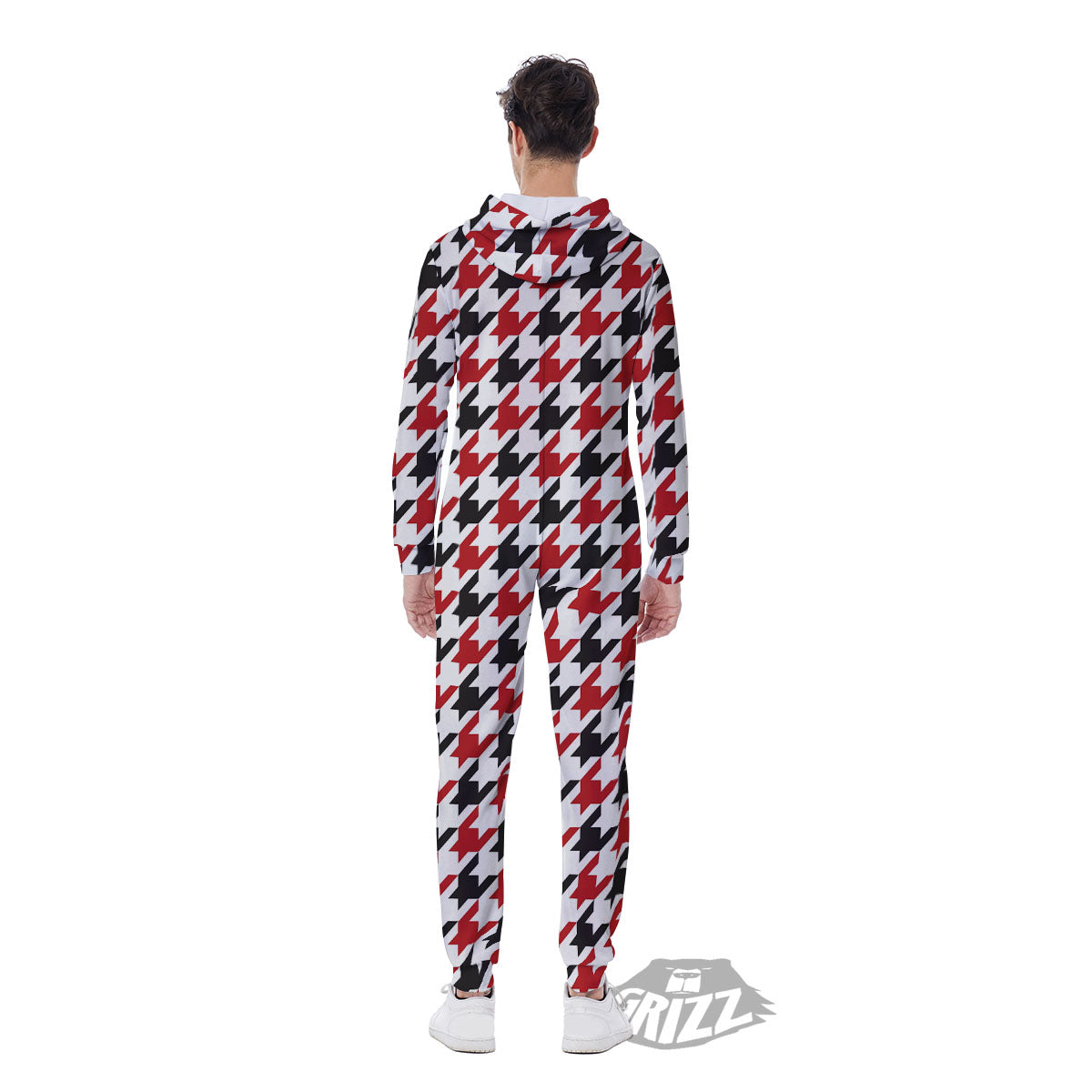 Houndstooth White And Red Print Pattern Men's Jumpsuit-grizzshop
