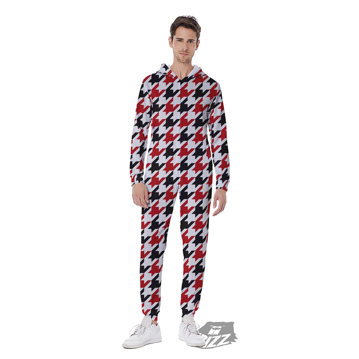 Houndstooth White And Red Print Pattern Men's Jumpsuit-grizzshop