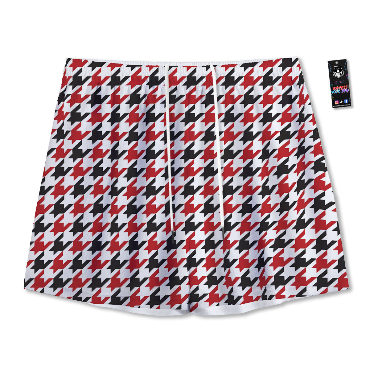 Houndstooth White And Red Print Pattern Mesh Shorts