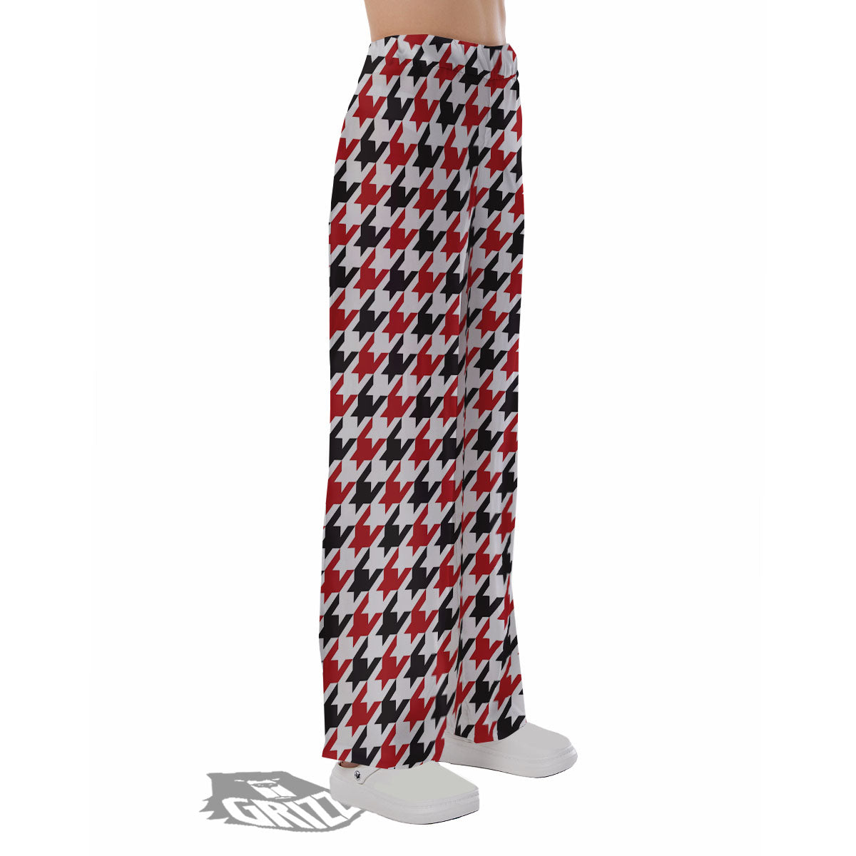 Houndstooth White And Red Print Pattern Pajama Pants-grizzshop