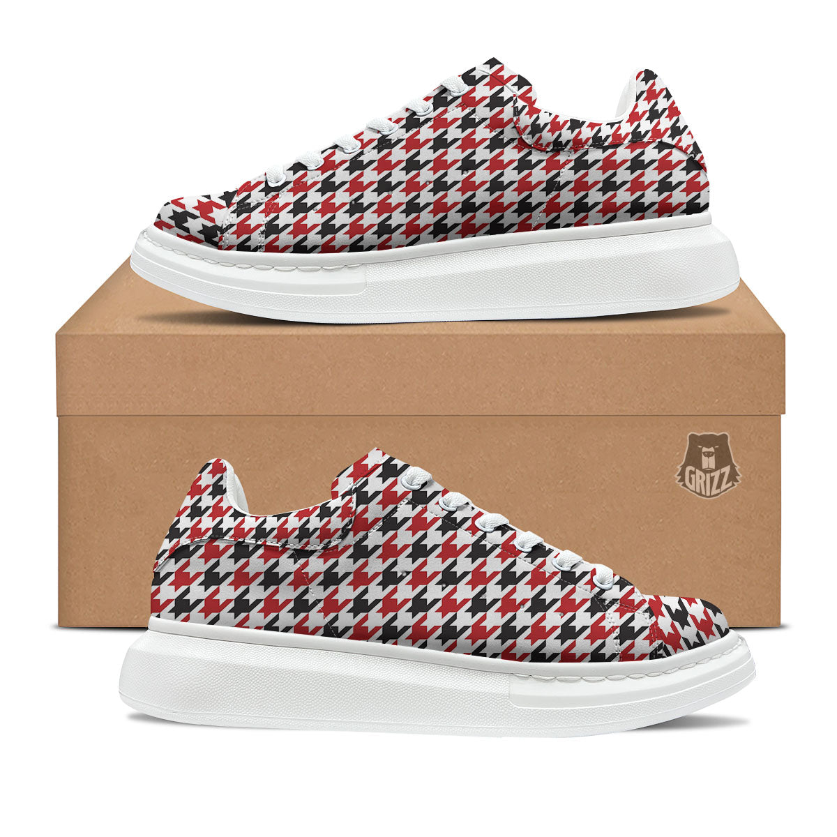 Houndstooth White And Red Print Pattern Platform Shoes-grizzshop