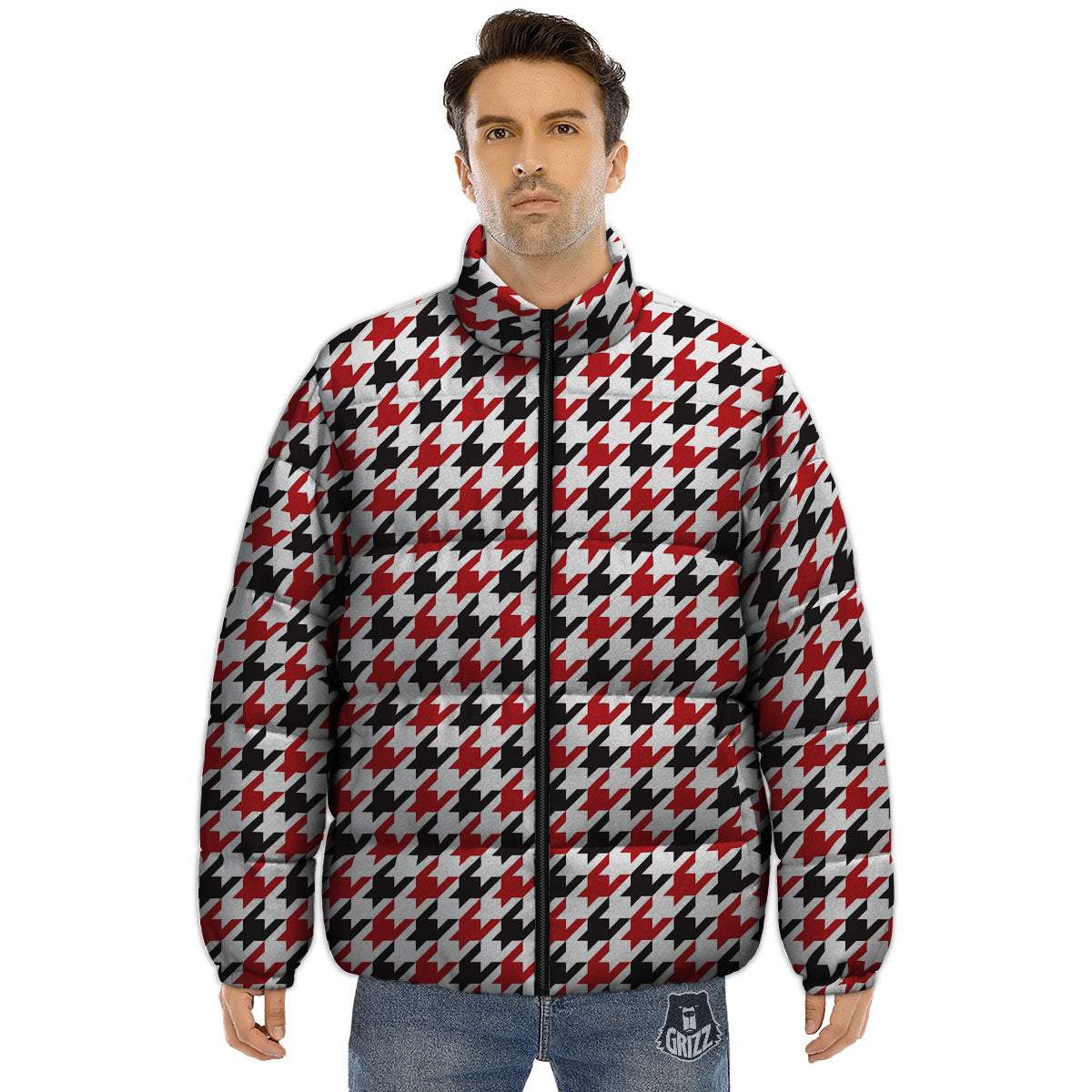 Houndstooth White And Red Print Pattern Puffer Jacket-grizzshop