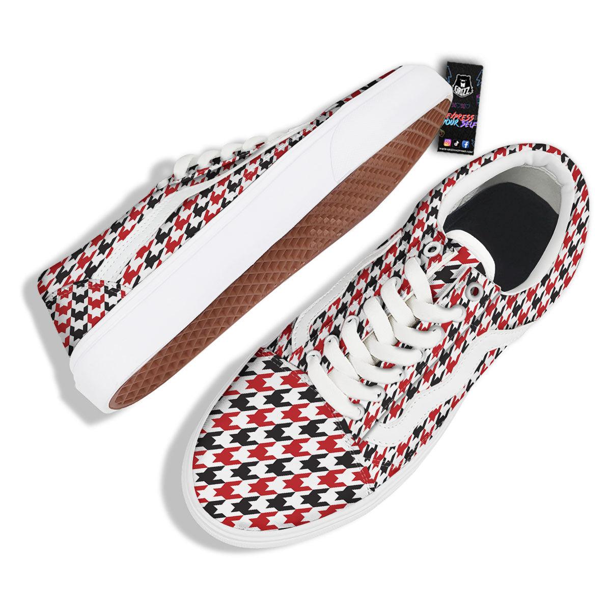 Houndstooth White And Red Print Pattern Skate Shoes-grizzshop