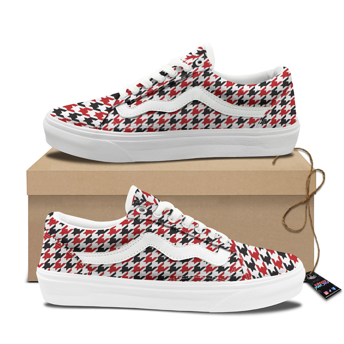 Houndstooth White And Red Print Pattern Skate Shoes-grizzshop