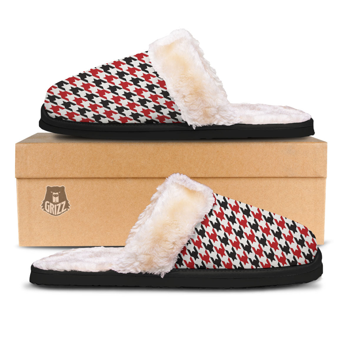Houndstooth White And Red Print Pattern Slippers-grizzshop
