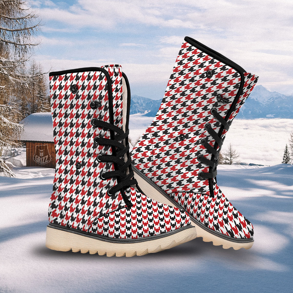 Houndstooth White And Red Print Pattern Snow Boots-grizzshop