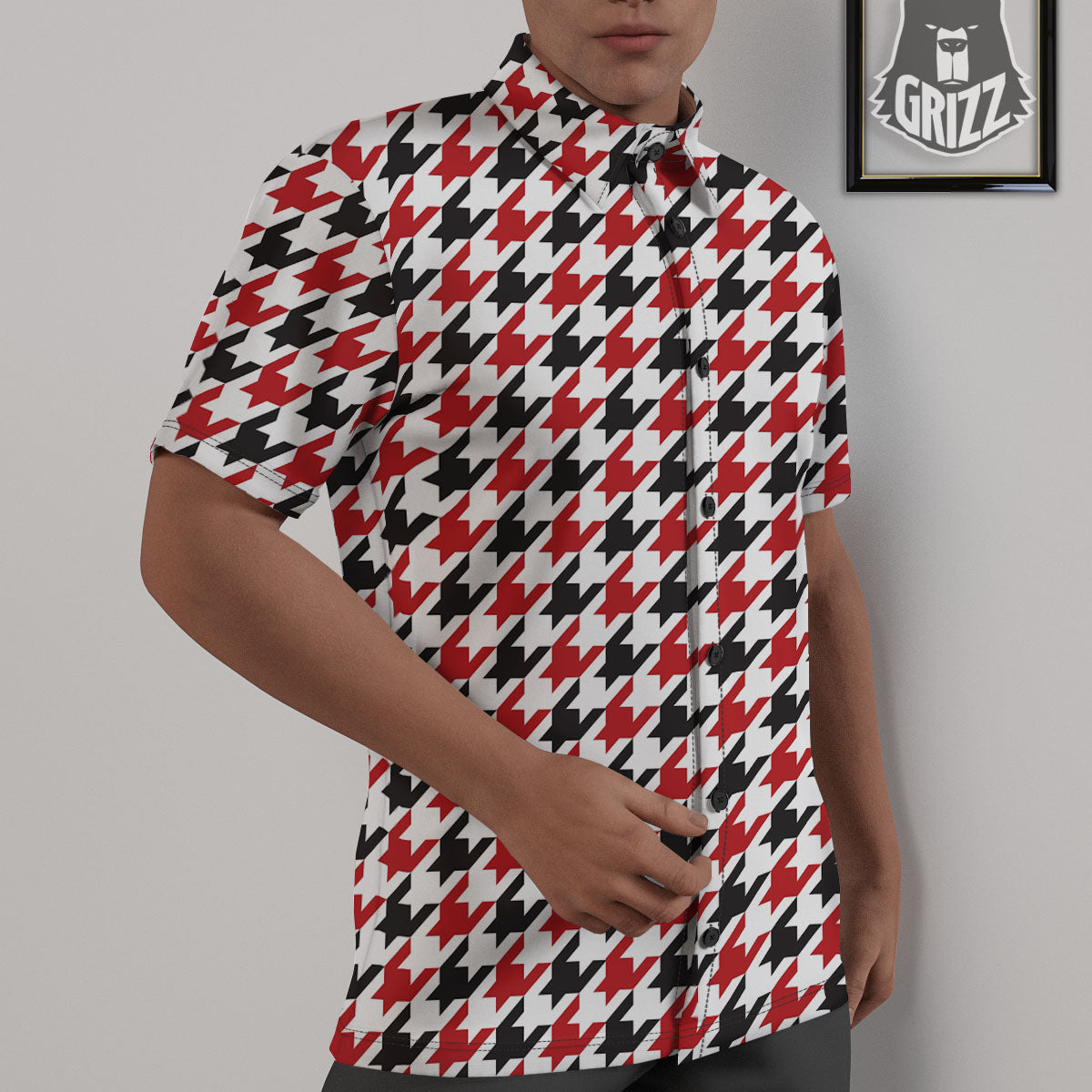 Houndstooth White And Red Print Pattern Untucked Shirts-grizzshop
