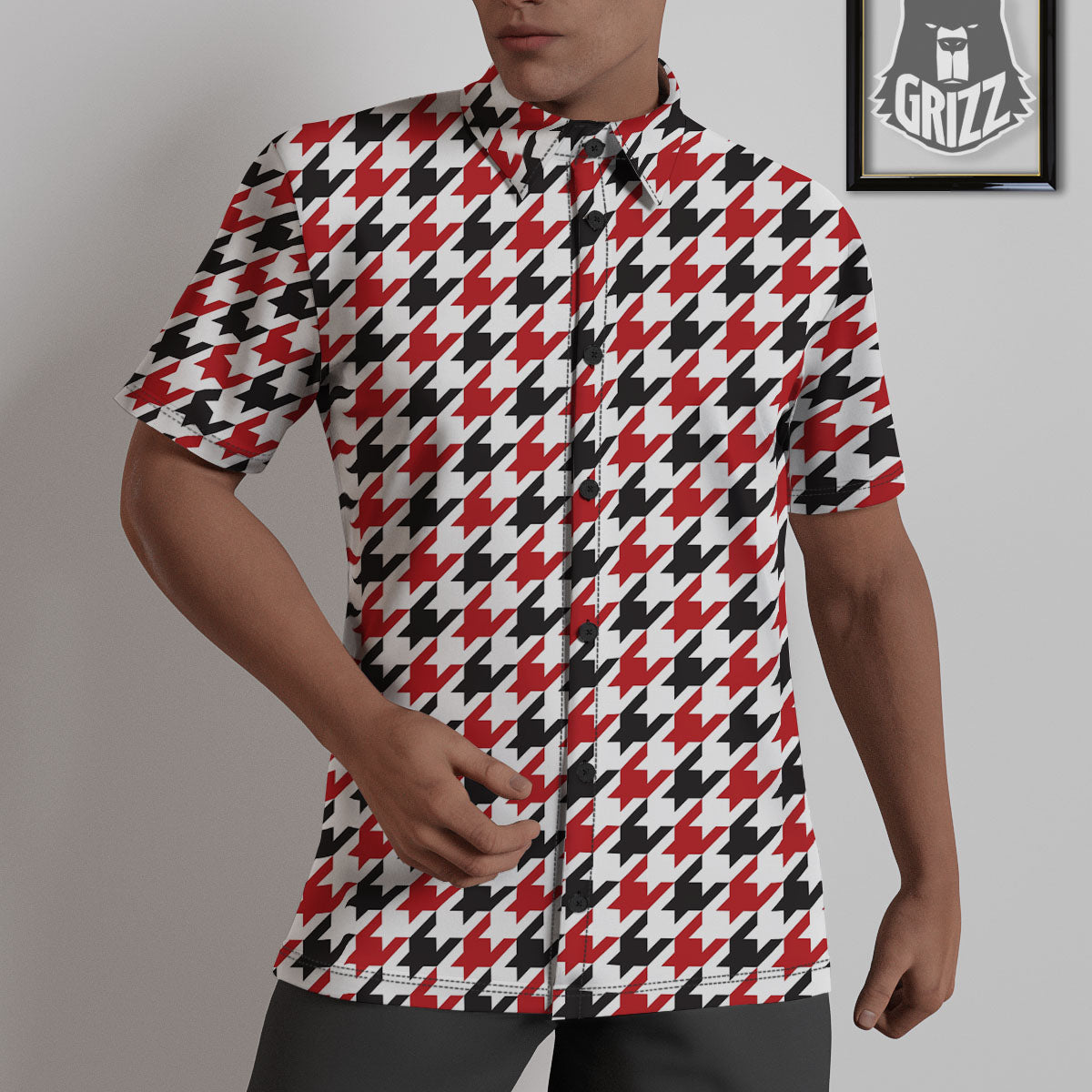 Houndstooth White And Red Print Pattern Untucked Shirts-grizzshop