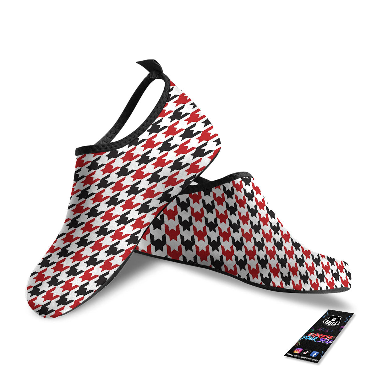 Houndstooth White And Red Print Pattern Water Shoes-grizzshop