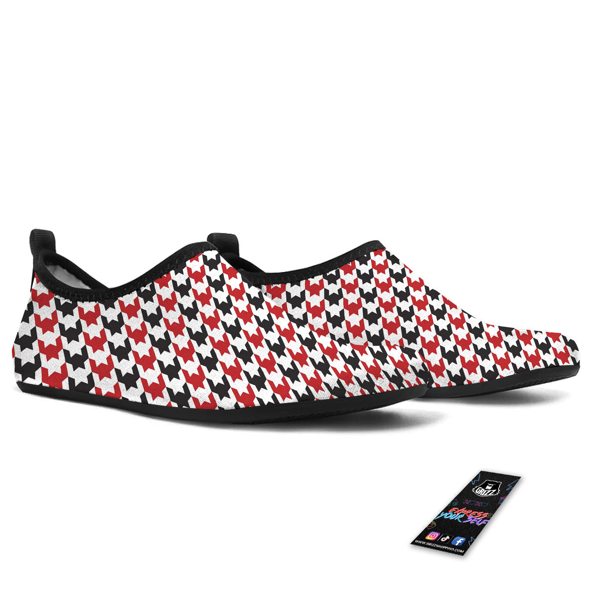 Houndstooth White And Red Print Pattern Water Shoes-grizzshop