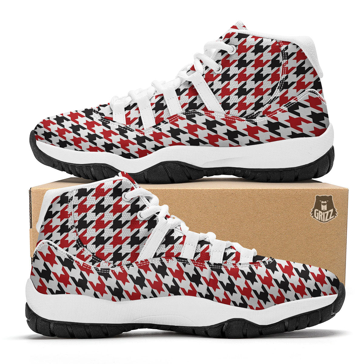 Houndstooth White And Red Print Pattern White Bball Shoes-grizzshop