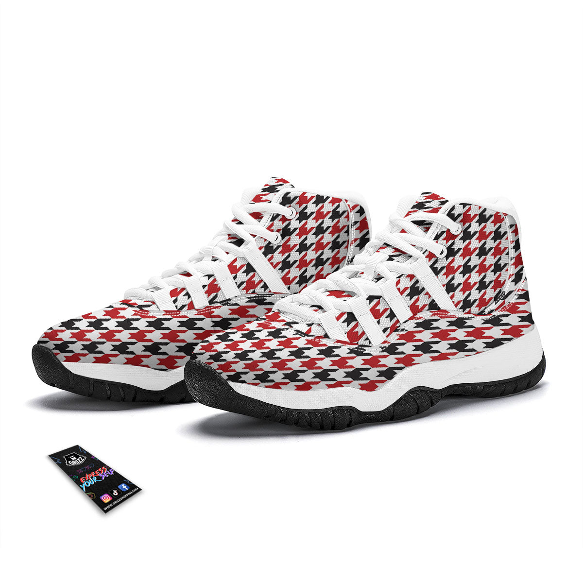 Houndstooth White And Red Print Pattern White Bball Shoes-grizzshop
