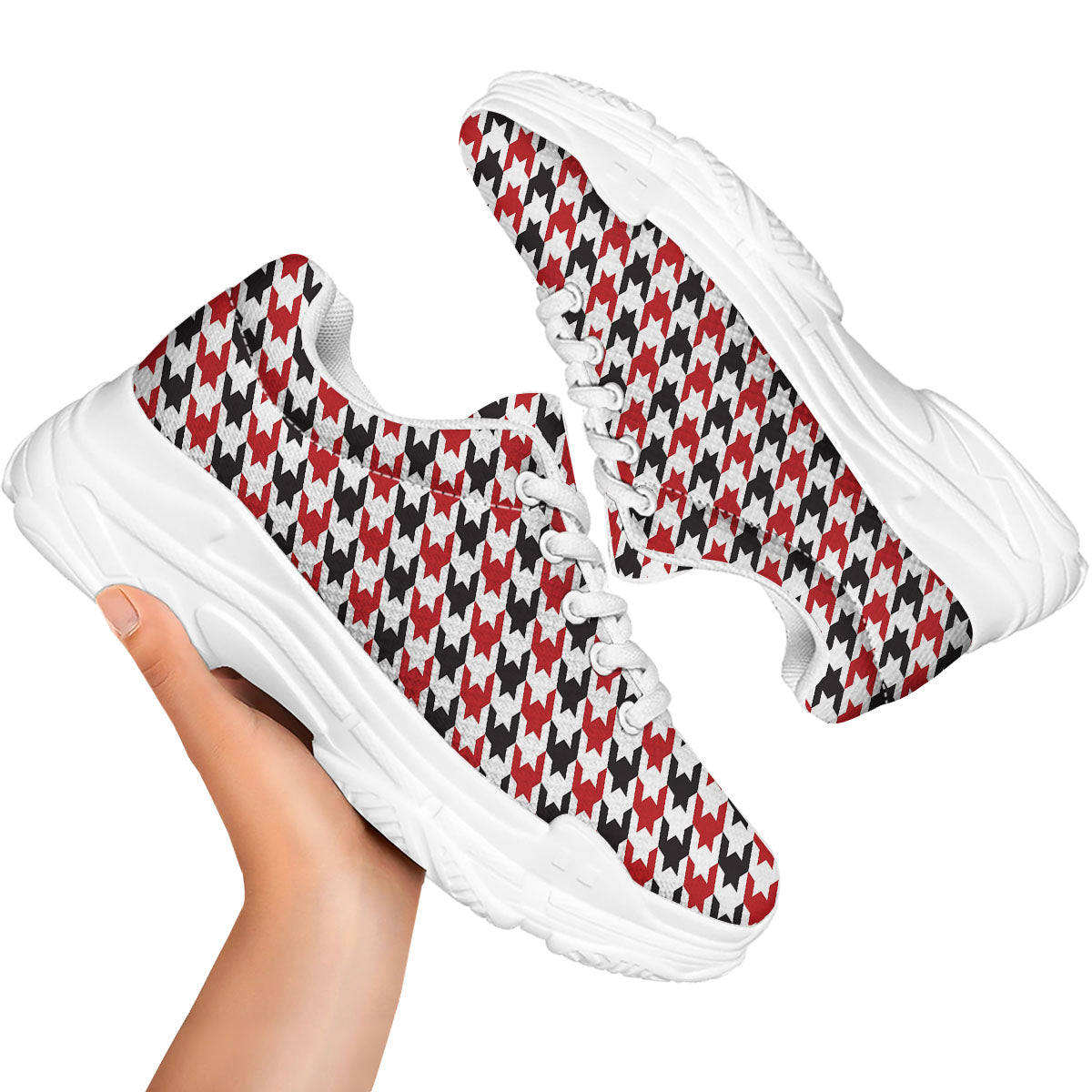 Houndstooth White And Red Print Pattern White Chunky Shoes-grizzshop
