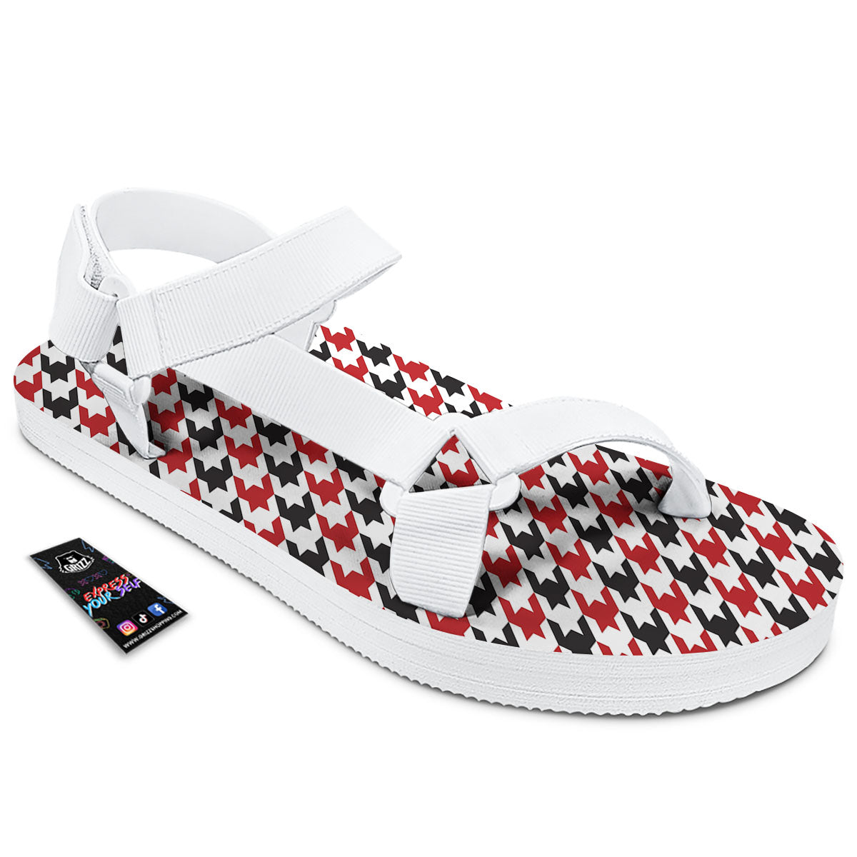 Houndstooth White And Red Print Pattern White Open Toe Sandals-grizzshop