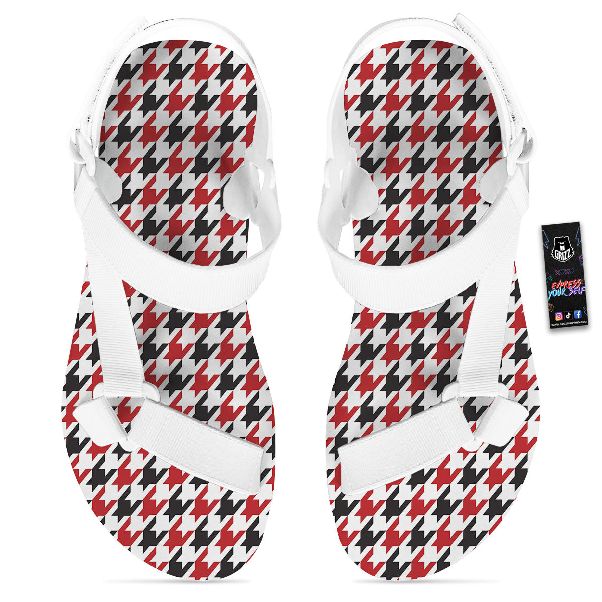 Houndstooth White And Red Print Pattern White Open Toe Sandals-grizzshop
