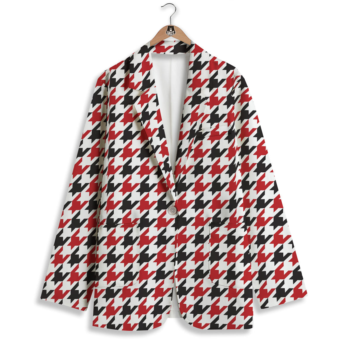 Houndstooth White And Red Print Pattern Women's Blazer-grizzshop