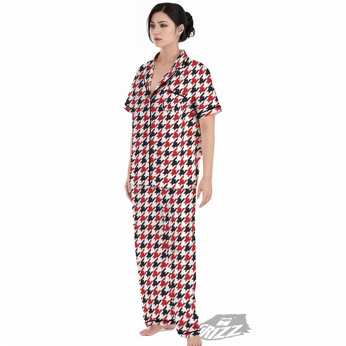 Houndstooth White And Red Print Pattern Women's Pajamas Set-grizzshop